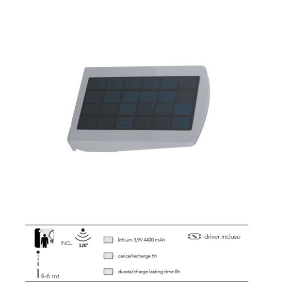 Proiettore led in termoplastica silver con PANNELLO SOLARE,SENSORE DI MOVIMENTO e CREPUSCOLARE luce natura 4000°k 4W 450LM EOS Proiettore led in termoplastica silver con PANNELLO SOLARE,SENSORE DI MOVIMENTO e CREPUSCOLARE luce natura 4000°k 4W 450LM EOS